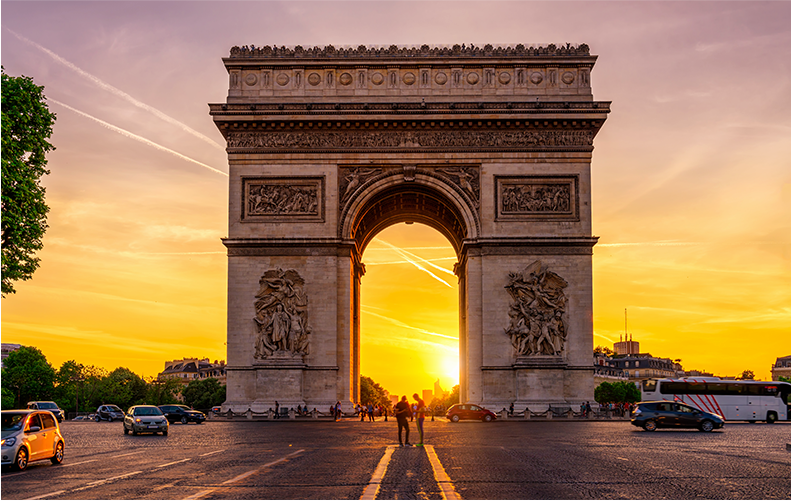 Arc de Triomphe, Champs Elysee, Paris with the sun setting in the background